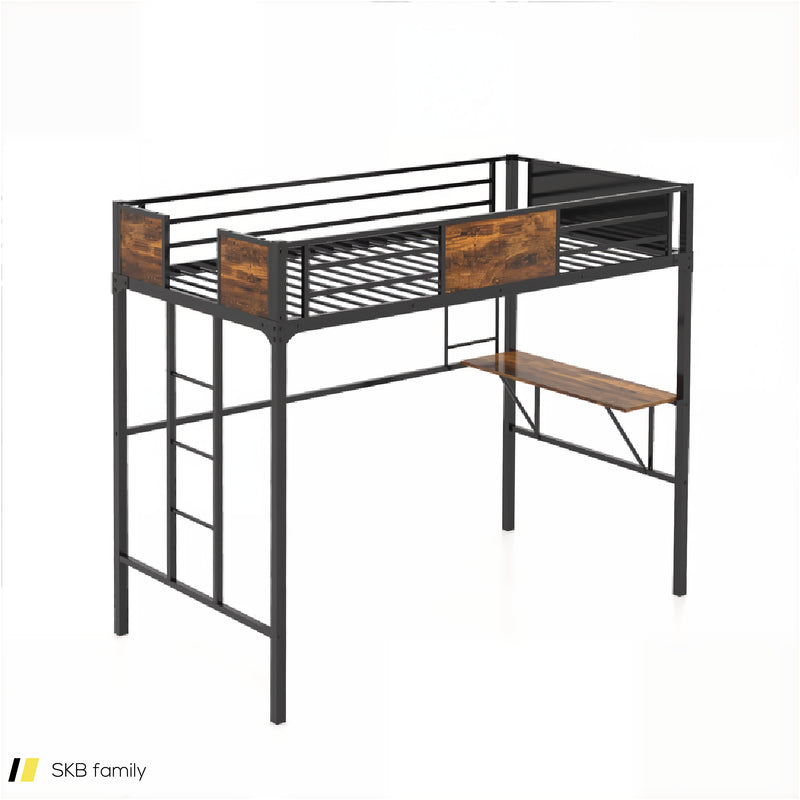 Twin Size Industrial Metal Loft Bed With Desk Storage Shelf And Build-In Ladder 240515-229163