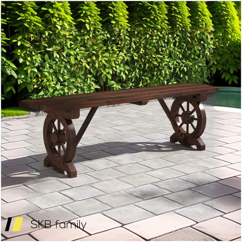 Patio Rustic Wood Bench With Wagon Wheel Base 240515-229175