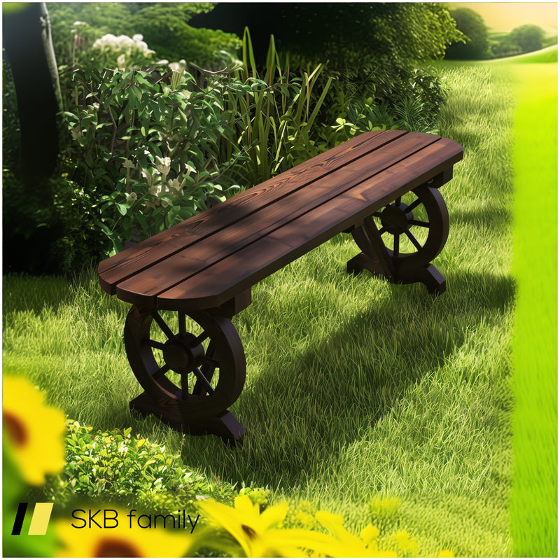 Patio Rustic Wood Bench With Wagon Wheel Base 240515-229175