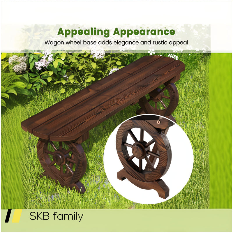 Patio Rustic Wood Bench With Wagon Wheel Base 240515-229175