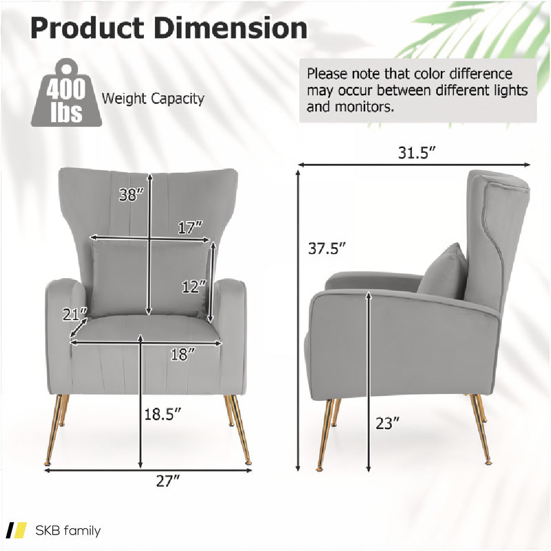 Velvet Upholstered Wingback Chair With Lumbar Pillow And Golden Metal Legs 240515-229177