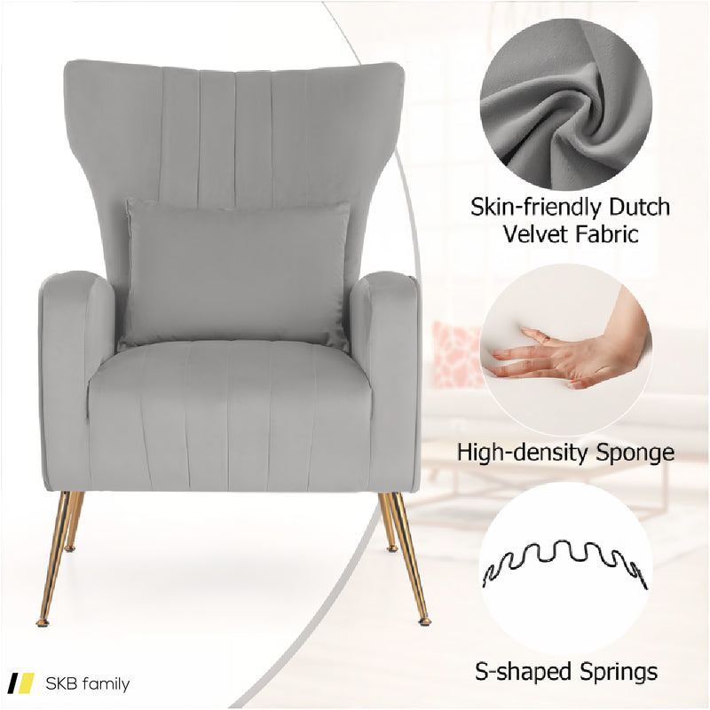 Velvet Upholstered Wingback Chair With Lumbar Pillow And Golden Metal Legs 240515-229177