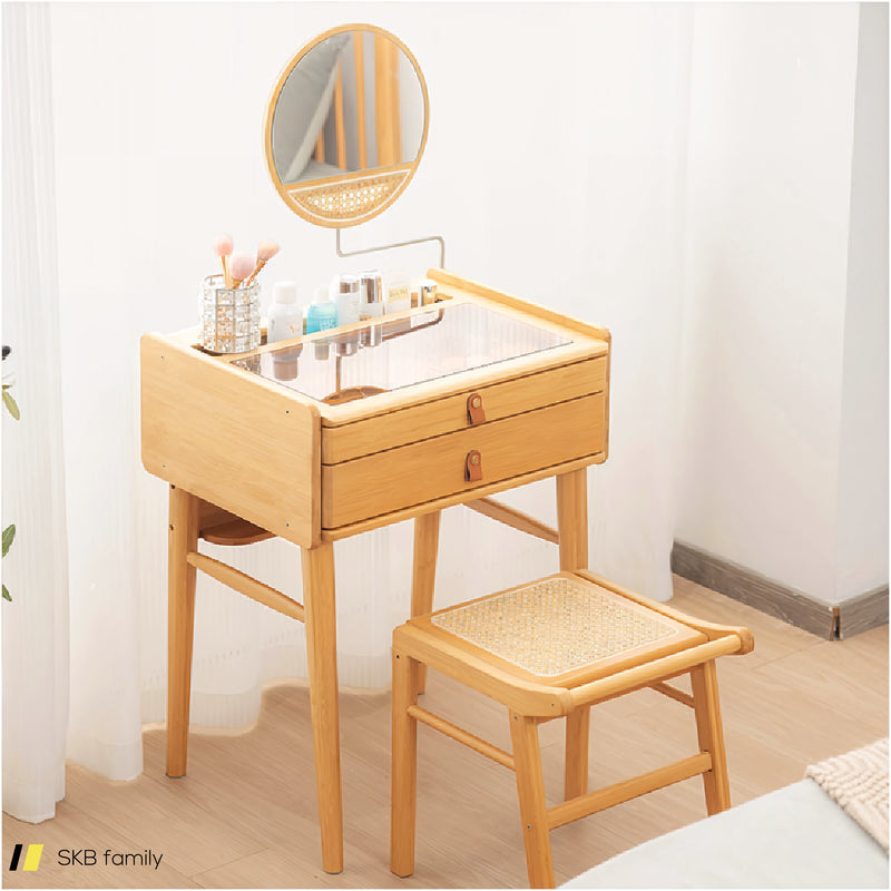 Bamboo Makeup Vanity Table With Stool And Rotating Mirror 240515-229184