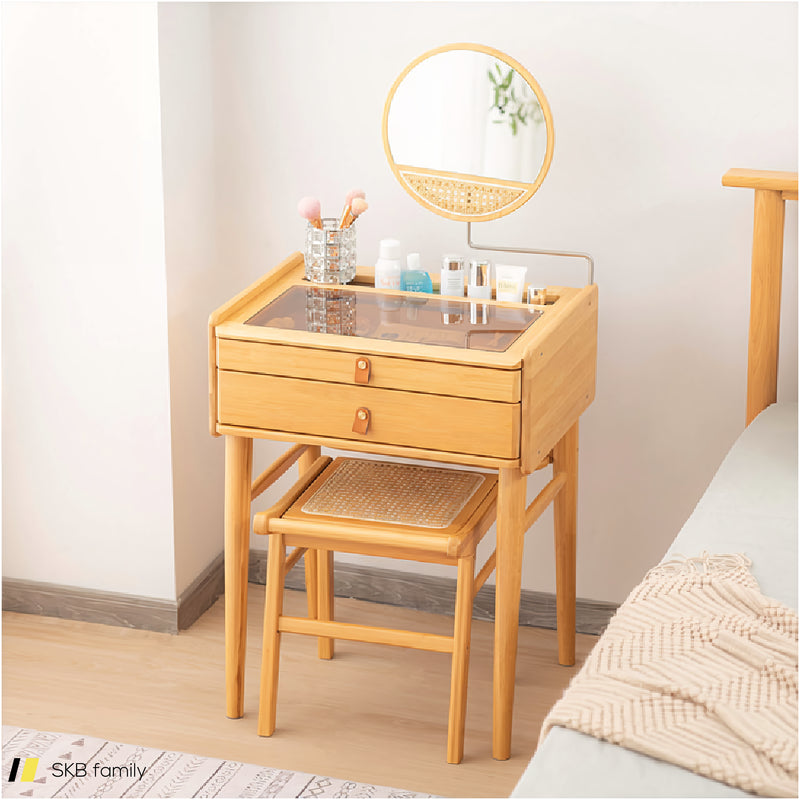 Bamboo Makeup Vanity Table With Stool And Rotating Mirror 240515-229184