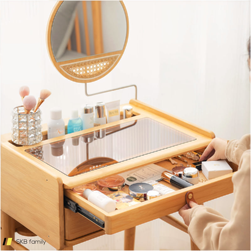 Bamboo Makeup Vanity Table With Stool And Rotating Mirror 240515-229184