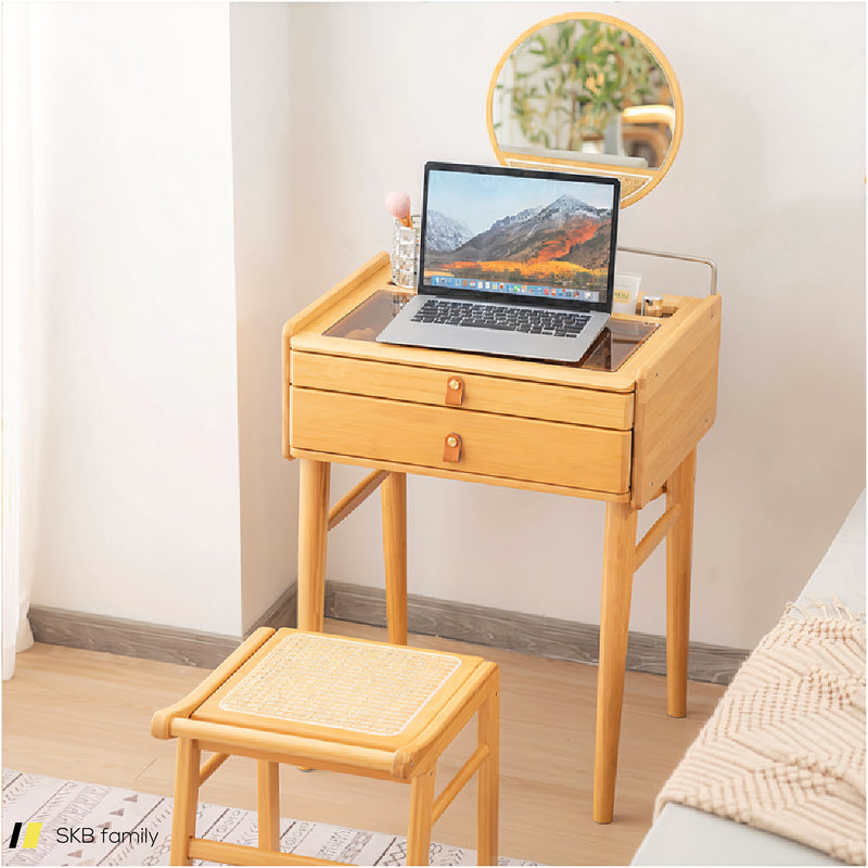 Bamboo Makeup Vanity Table With Stool And Rotating Mirror 240515-229184