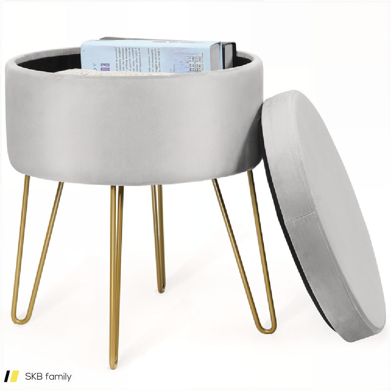 Round Velvet Storage Ottoman Footrest Stool Vanity Chair With Metal Legs 240515-229196