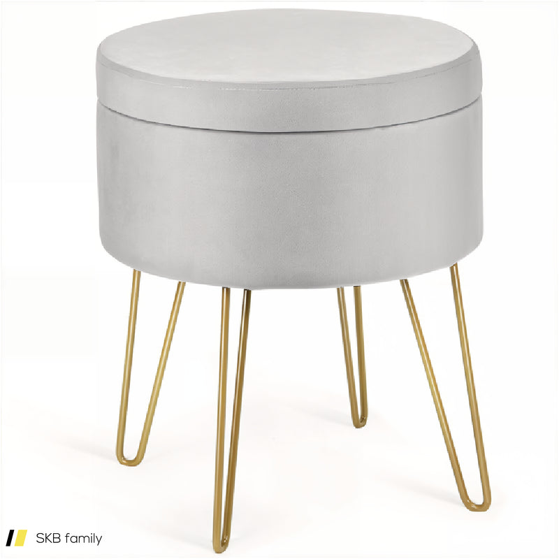 Round Velvet Storage Ottoman Footrest Stool Vanity Chair With Metal Legs 240515-229196