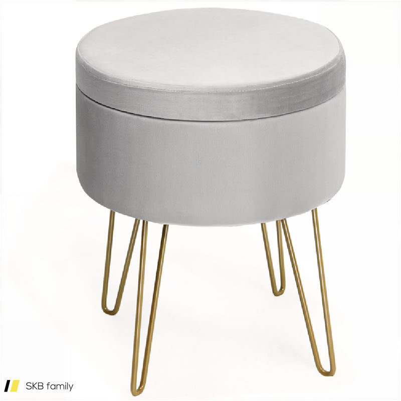 Round Velvet Storage Ottoman Footrest Stool Vanity Chair With Metal Legs 240515-229196