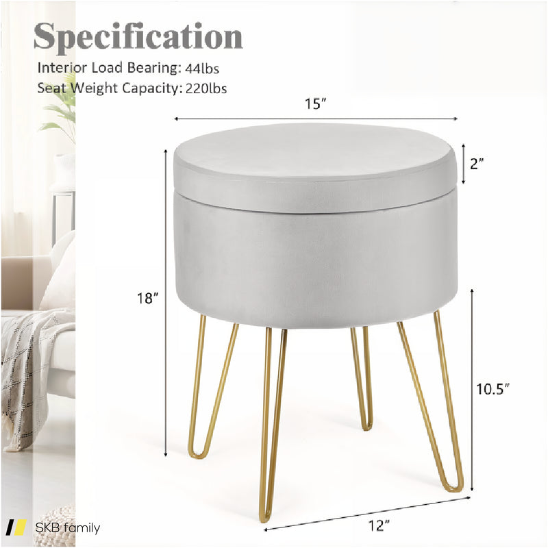 Round Velvet Storage Ottoman Footrest Stool Vanity Chair With Metal Legs 240515-229196