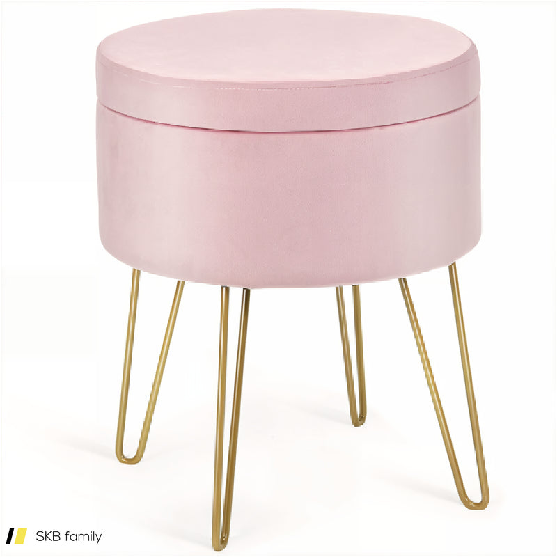 Round Velvet Storage Ottoman Footrest Stool Vanity Chair With Metal Legs 240515-229196