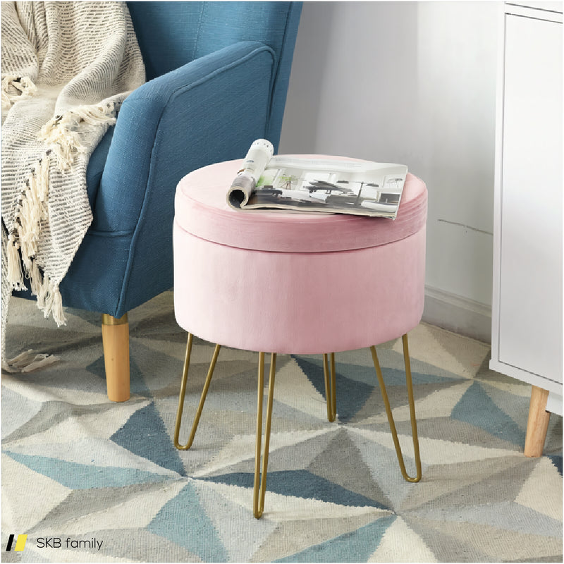 Round Velvet Storage Ottoman Footrest Stool Vanity Chair With Metal Legs 240515-229196