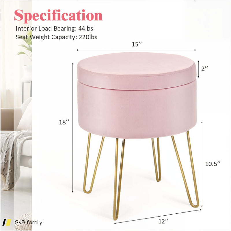 Round Velvet Storage Ottoman Footrest Stool Vanity Chair With Metal Legs 240515-229196