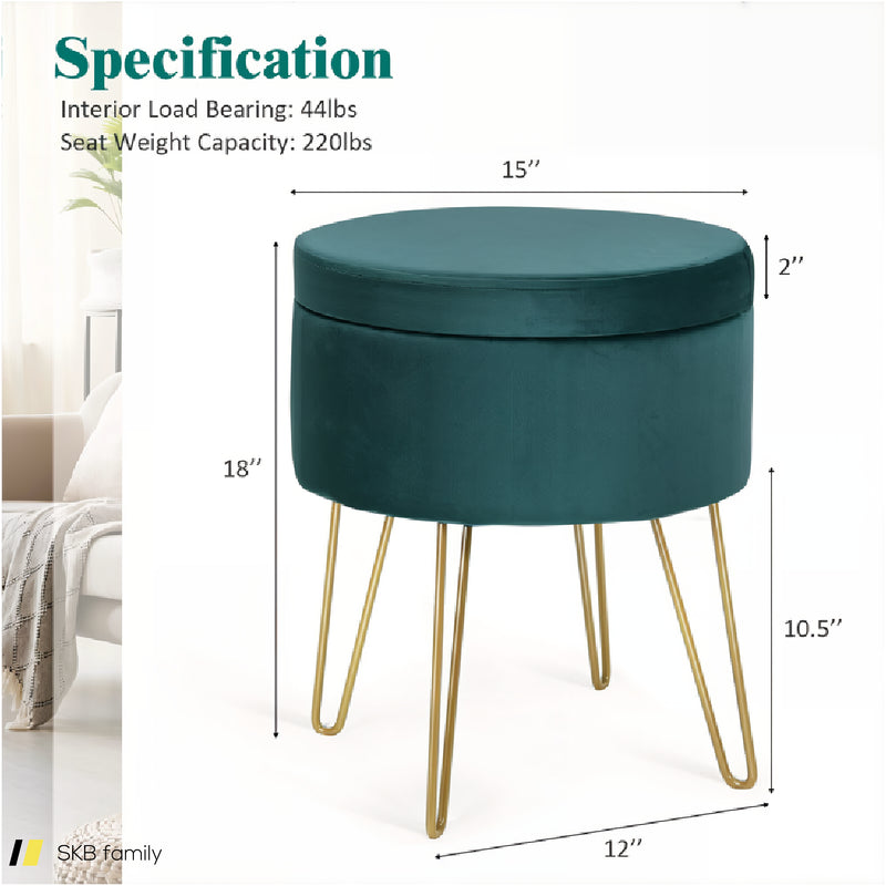 Round Velvet Storage Ottoman Footrest Stool Vanity Chair With Metal Legs 240515-229196