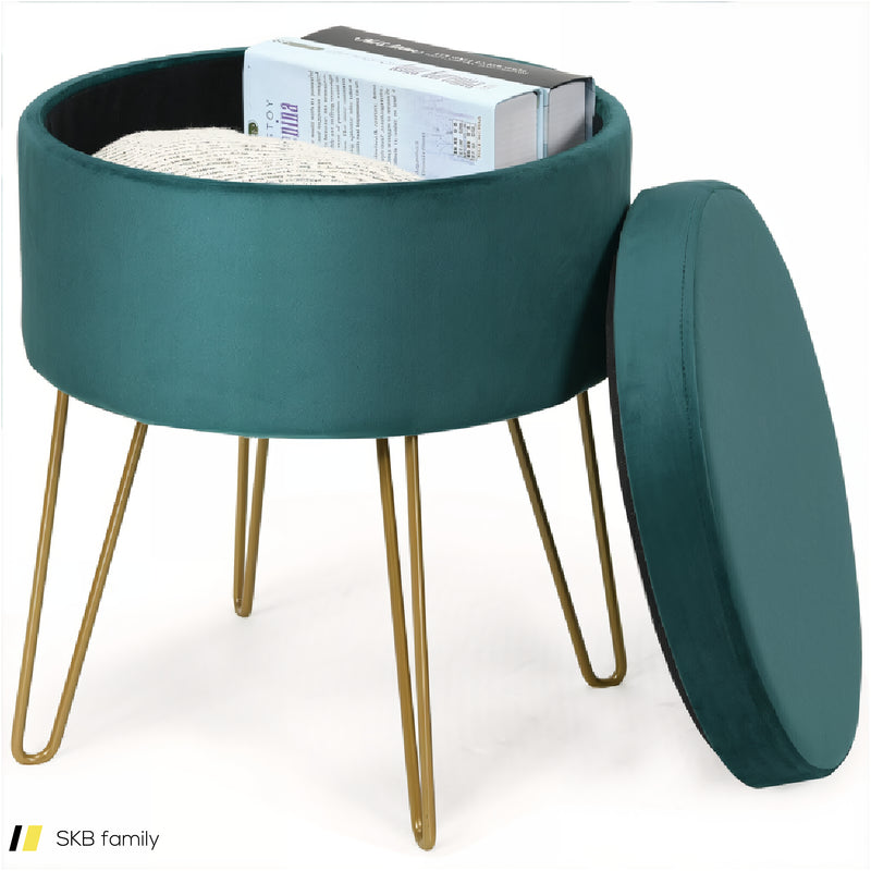 Round Velvet Storage Ottoman Footrest Stool Vanity Chair With Metal Legs 240515-229196