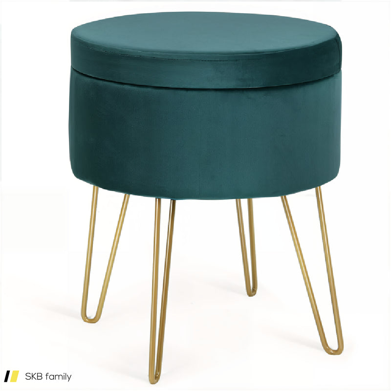 Round Velvet Storage Ottoman Footrest Stool Vanity Chair With Metal Legs 240515-229196