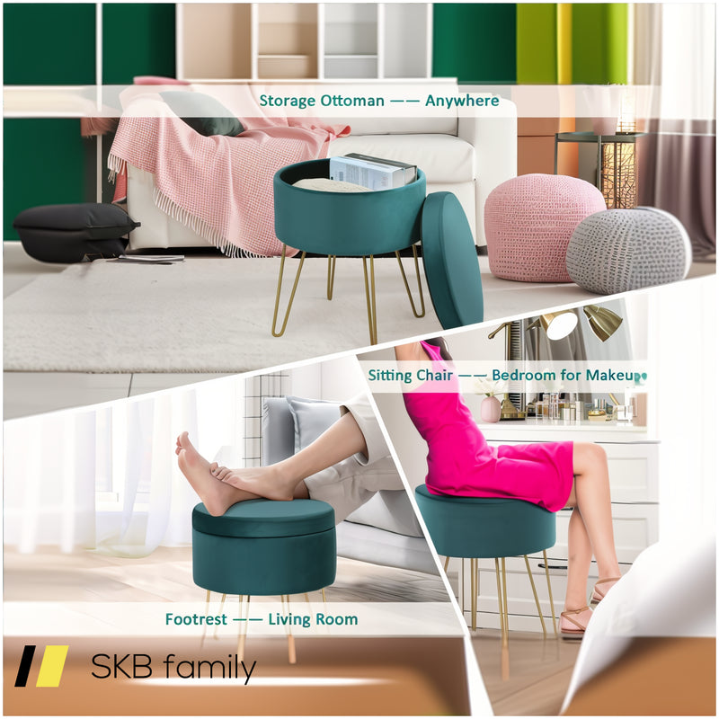 Round Velvet Storage Ottoman Footrest Stool Vanity Chair With Metal Legs 240515-229196