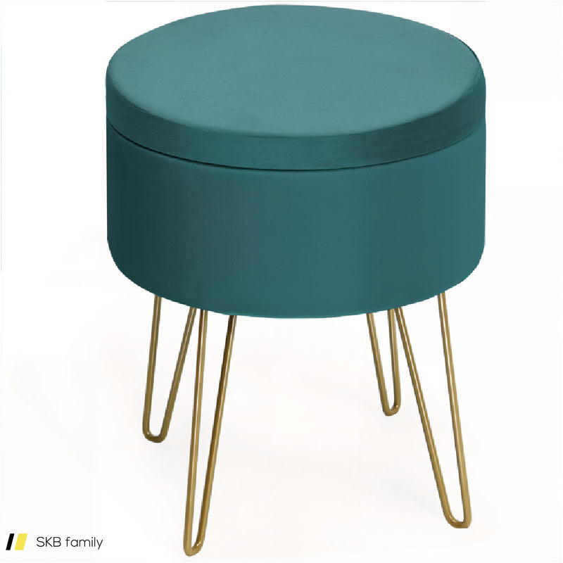 Round Velvet Storage Ottoman Footrest Stool Vanity Chair With Metal Legs 240515-229196