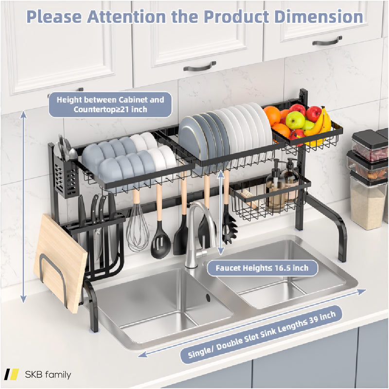 2 Tier Adjustable Over Sink Dish Drying Rack With 8 Hooks 240515-229207