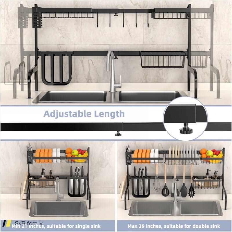 2 Tier Adjustable Over Sink Dish Drying Rack With 8 Hooks 240515-229207