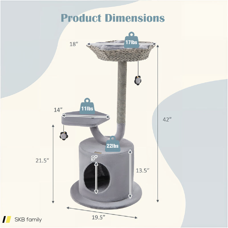 42 Inch Tall Cat Tower With Curved Metal Supporting Frame For Large And Small Cats 240515-229216