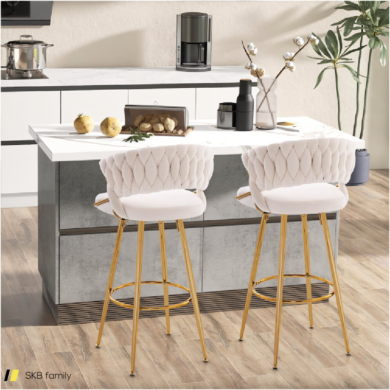 29 Inch Velvet Bar Stool Set Of 2 With Woven Backrest And Gold Metal Legs 240515-229218