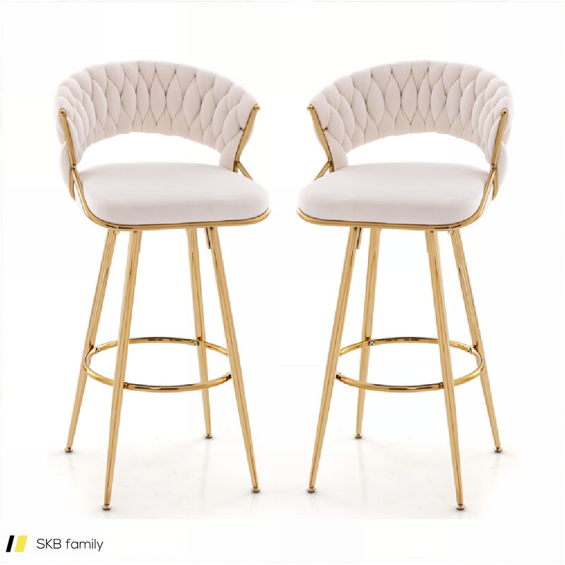 29 Inch Velvet Bar Stool Set Of 2 With Woven Backrest And Gold Metal Legs 240515-229218