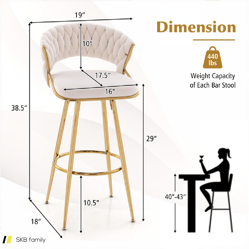 29 Inch Velvet Bar Stool Set Of 2 With Woven Backrest And Gold Metal Legs 240515-229218