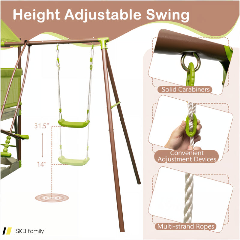 7-In-1 Kids Outdoor Metal Playset With Wave Slide And Climbing Rope 240515-229229