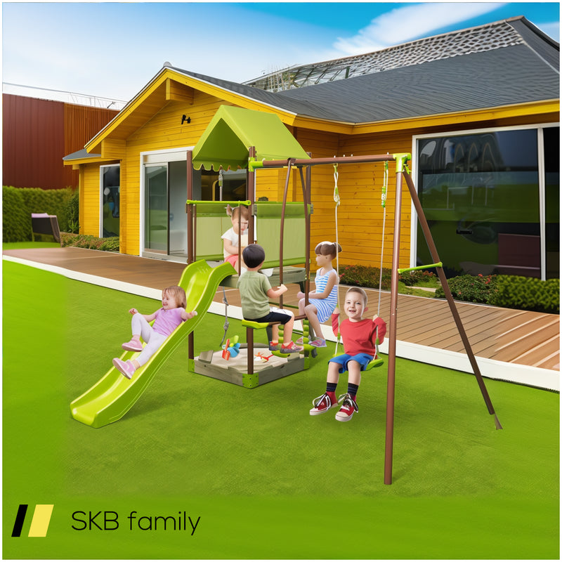 7-In-1 Kids Outdoor Metal Playset With Wave Slide And Climbing Rope 240515-229229