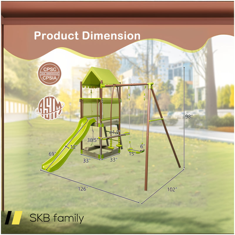 7-In-1 Kids Outdoor Metal Playset With Wave Slide And Climbing Rope 240515-229229