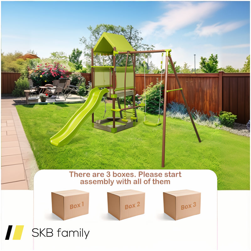 7-In-1 Kids Outdoor Metal Playset With Wave Slide And Climbing Rope 240515-229229