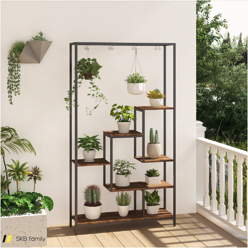 6-Tier Tall Plant Stand 71&Quot; Metal Indoor Plant Shelf With 10 Hanging Hooks 240515-229231