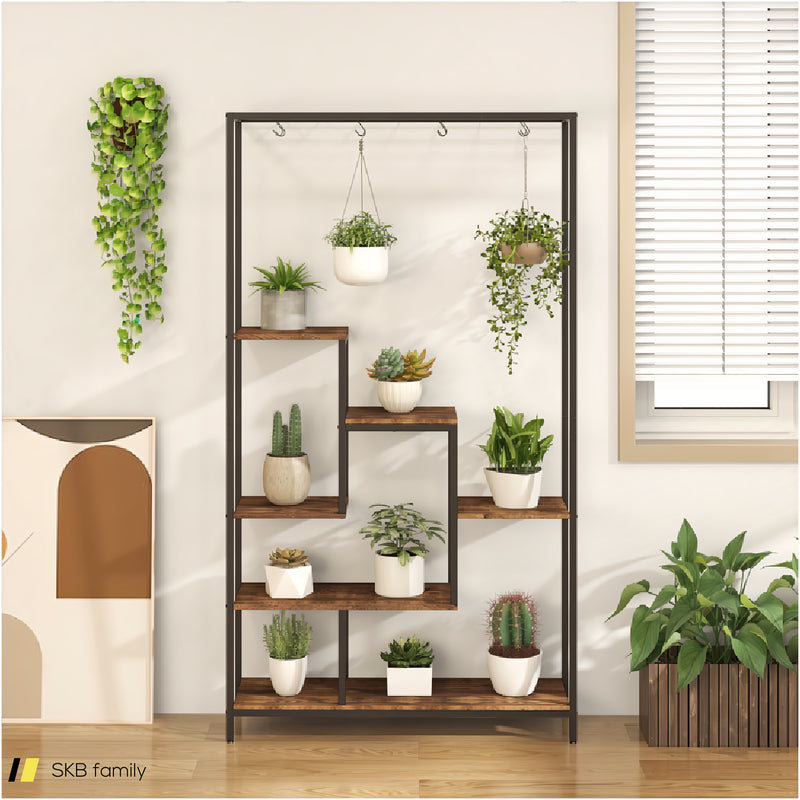 6-Tier Tall Plant Stand 71&Quot; Metal Indoor Plant Shelf With 10 Hanging Hooks 240515-229231