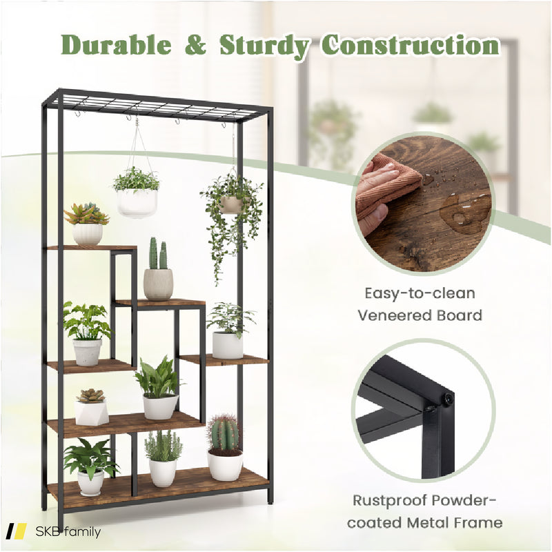 6-Tier Tall Plant Stand 71&Quot; Metal Indoor Plant Shelf With 10 Hanging Hooks 240515-229231