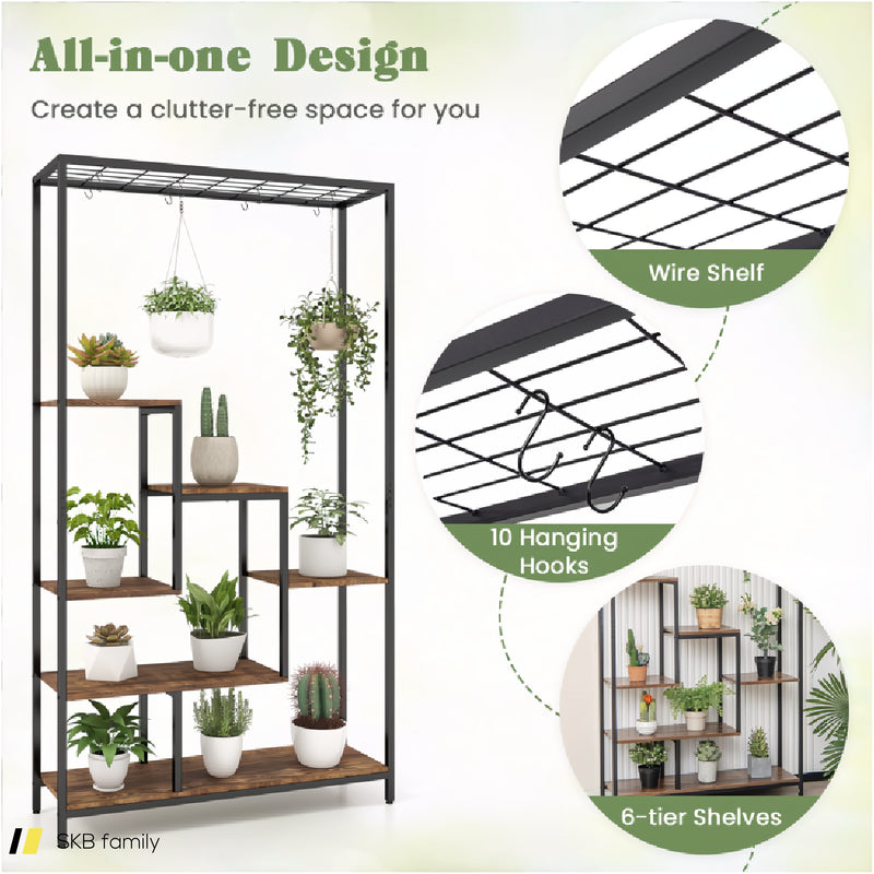 6-Tier Tall Plant Stand 71&Quot; Metal Indoor Plant Shelf With 10 Hanging Hooks 240515-229231