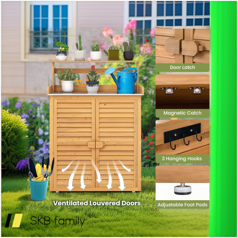 Outdoor Potting Bench Workstation Table With Galvanized Metal Countertop For Garden 240515-229241