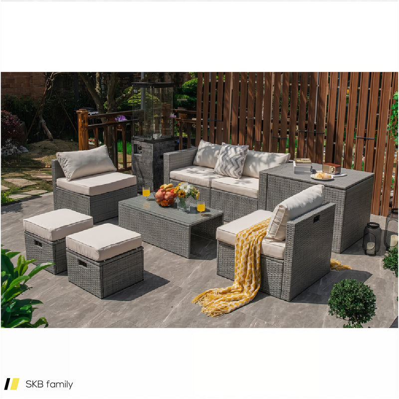 8 Pieces Patio Rattan Furniture Set With Storage Waterproof Cover And Cushion 240515-229242