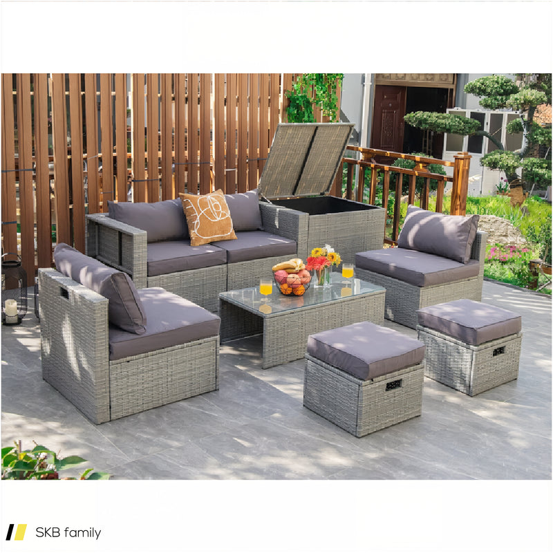 8 Pieces Patio Rattan Furniture Set With Storage Waterproof Cover And Cushion 240515-229242