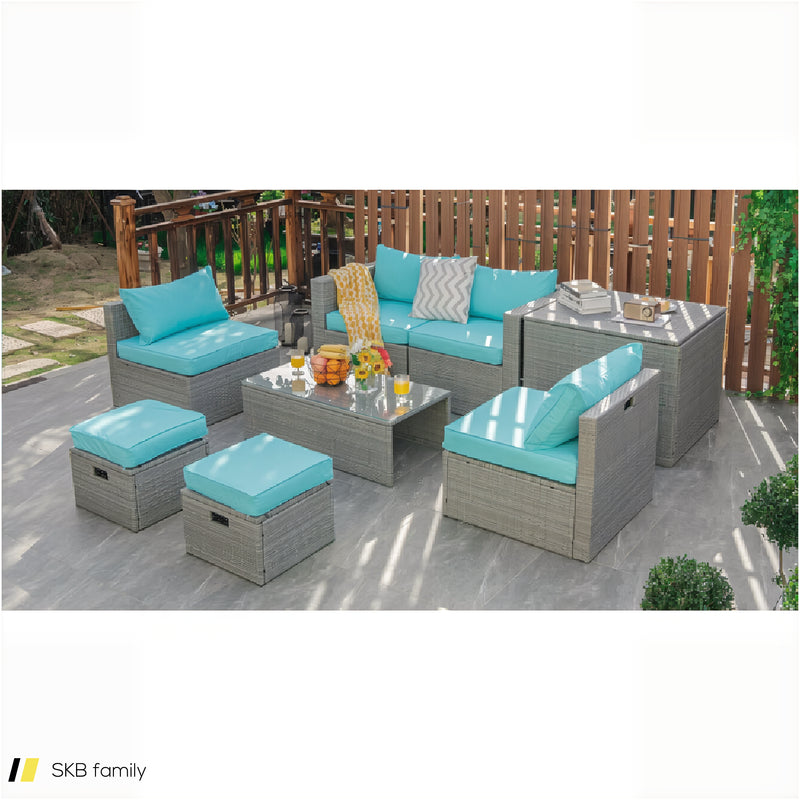 8 Pieces Patio Rattan Furniture Set With Storage Waterproof Cover And Cushion 240515-229242