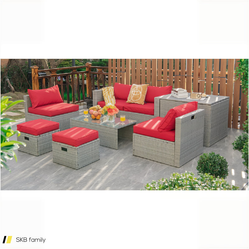 8 Pieces Patio Rattan Furniture Set With Storage Waterproof Cover And Cushion 240515-229242