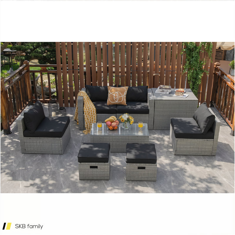 8 Pieces Patio Rattan Furniture Set With Storage Waterproof Cover And Cushion 240515-229242