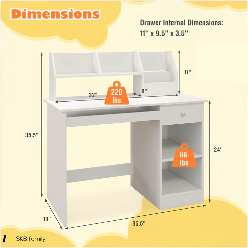 Kids Study Desk Children Writing Table With Hutch Drawer Shelves And Keyboard Tray 240515-229248