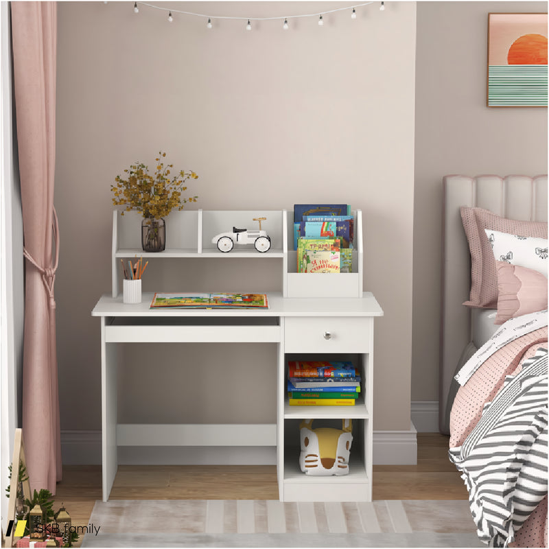 Kids Study Desk Children Writing Table With Hutch Drawer Shelves And Keyboard Tray 240515-229248