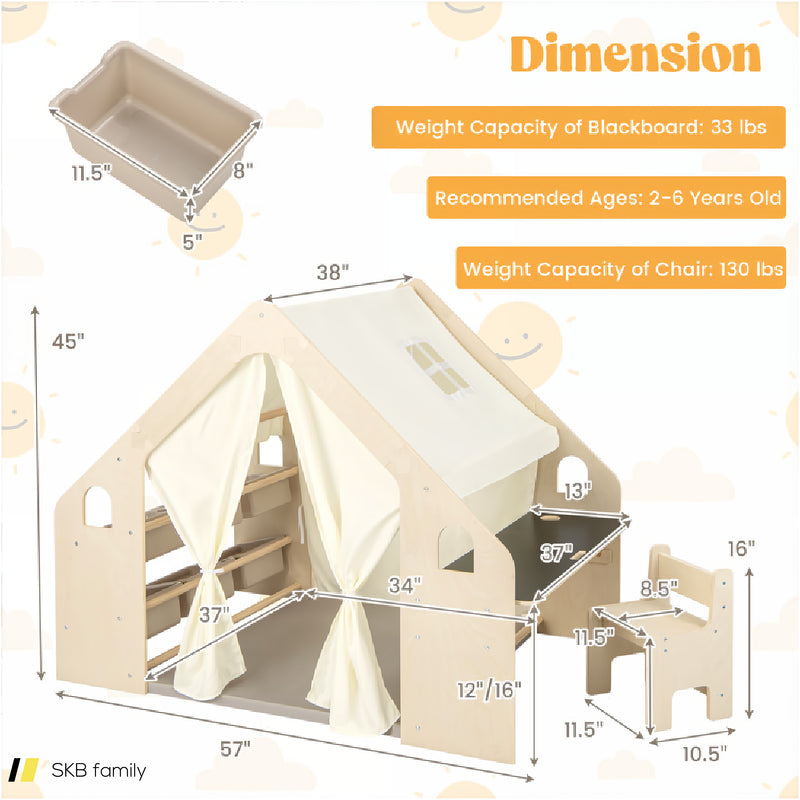 6-In-1 Kids Play Tent Playhouse With Blackboard 6 Storage Bins And Floor Cushion 240515-229256