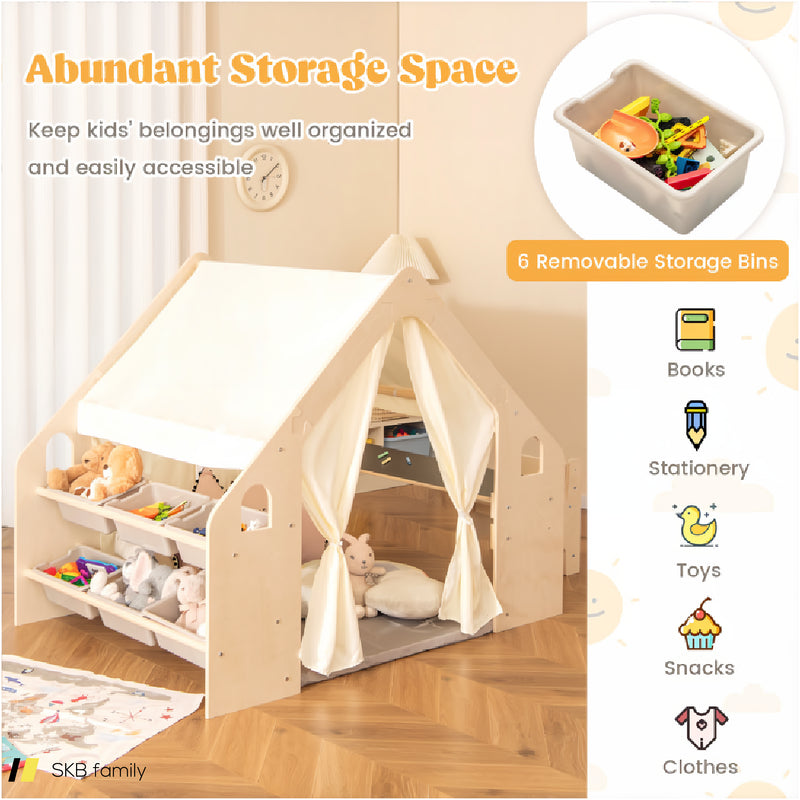 6-In-1 Kids Play Tent Playhouse With Blackboard 6 Storage Bins And Floor Cushion 240515-229256