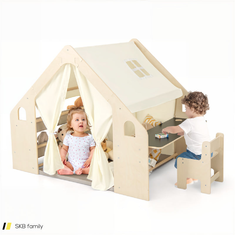 6-In-1 Kids Play Tent Playhouse With Blackboard 6 Storage Bins And Floor Cushion 240515-229256