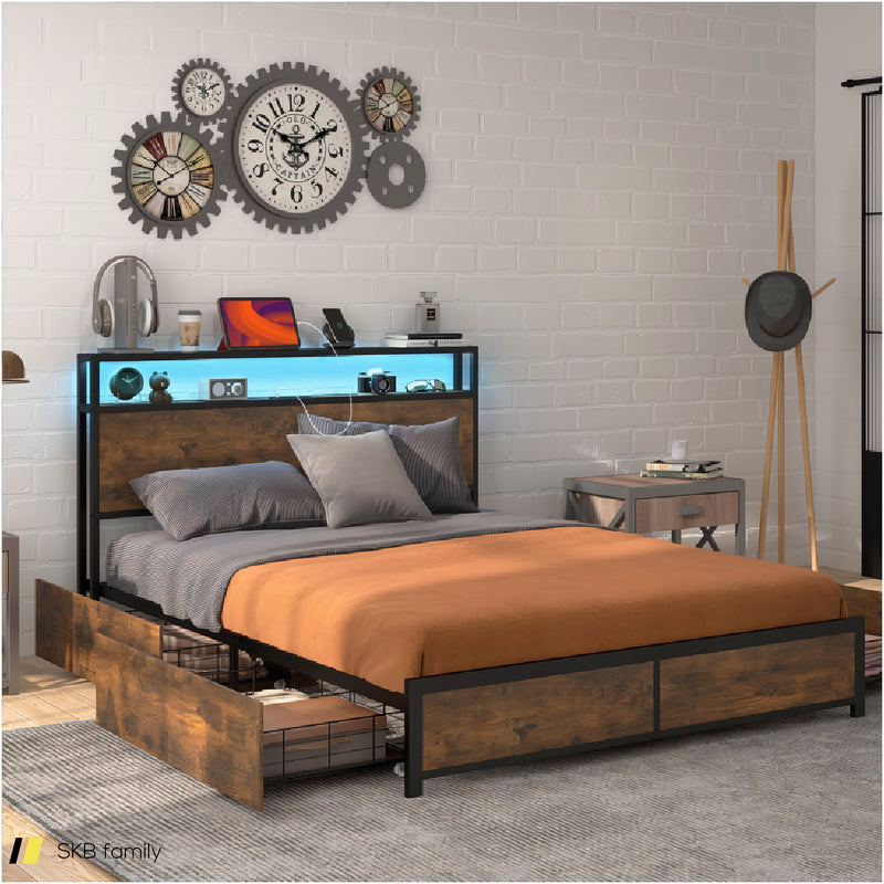 Full/Queen Size Bed Frame With Smart Led Lights And Storage Drawers 240615-229269