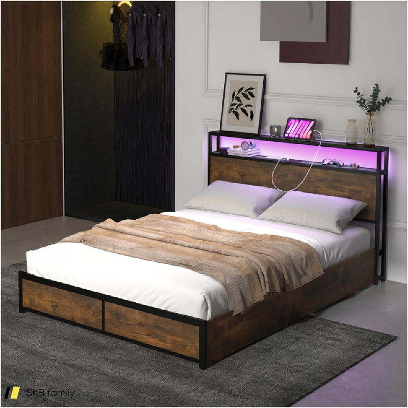 Full/Queen Size Bed Frame With Smart Led Lights And Storage Drawers 240615-229269