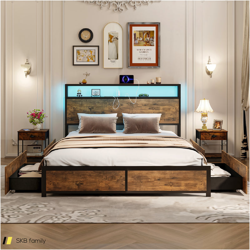 Full/Queen Size Bed Frame With Smart Led Lights And Storage Drawers 240615-229269